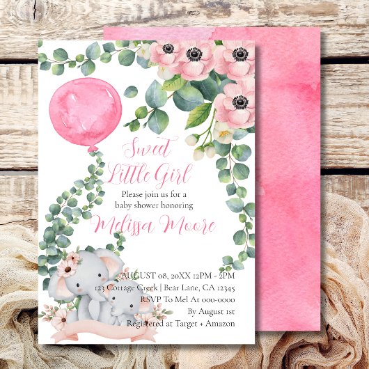 甘い小さな女の子ピンクバルーンユーカリプトゥスゾウ 招待状