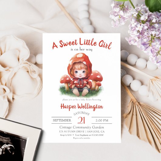 甘い小さな女の子赤きのこ赤ちゃんシャワー 招待状