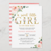 甘い小さな女の子赤面金ゴールドフローラシャワー  招待状 (正面/裏面)