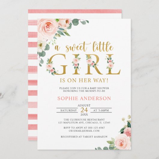 甘い小さな女の子赤面金ゴールドフローラシャワー  招待状 (正面/裏面)