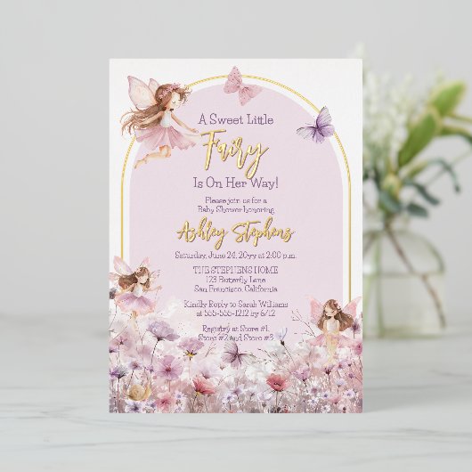 甘い小さな妖精のワイルドフラワーガールベビーシャワー 箔招待状 (立ち正面)