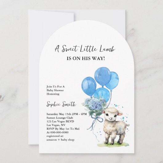 甘い小さな子羊の赤ちゃんシャワー水色アーチ 招待状 (正面)