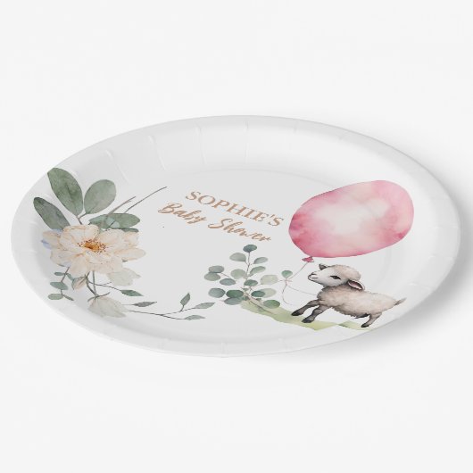"甘い小さな子羊"赤ちゃんシャワーピンクフローラ ペーパープレート (アングル)