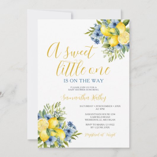 甘い小さな柑橘類レモンフローラ赤ちゃんシャワー 招待状 (正面)
