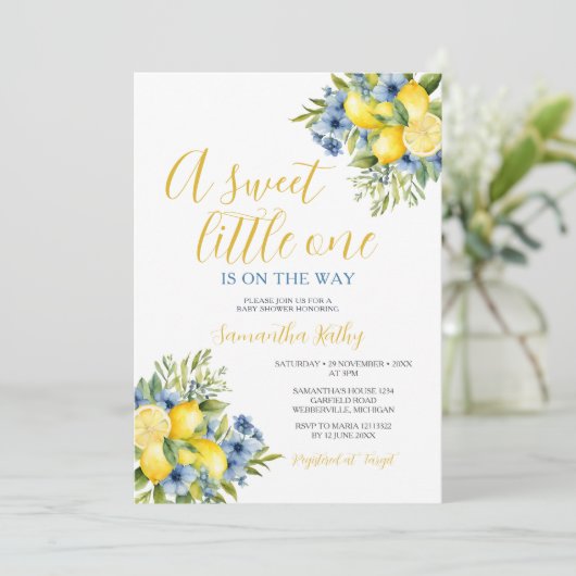 甘い小さな柑橘類レモンフローラ赤ちゃんシャワー 招待状 (スタンド正面)