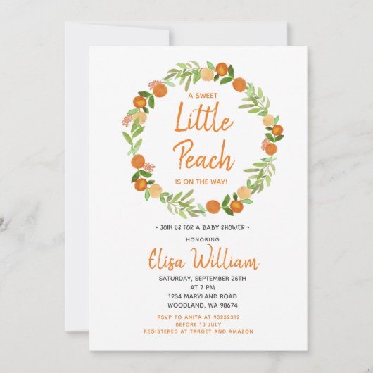 甘い小さな桃が赤ちゃんシャワーの途中にある 招待状 (正面)