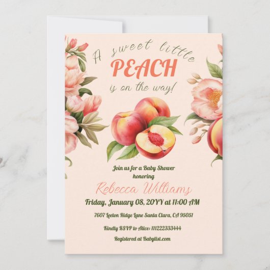 甘い小さな桃の夏のフローラ赤ちゃんシャワー 招待状 (正面)