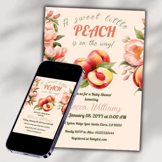 甘い小さな桃の夏のフローラ赤ちゃんシャワー 招待状