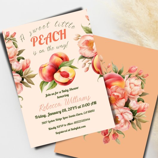 甘い小さな桃の夏のフローラ赤ちゃんシャワー 招待状