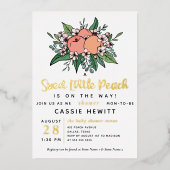 甘い小さな桃の方法ベビーシャワー箔Inv 箔招待状 (正面)