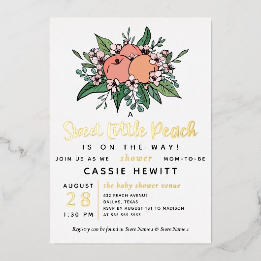 甘い小さな桃の方法ベビーシャワー箔Inv 箔招待状 (正面)