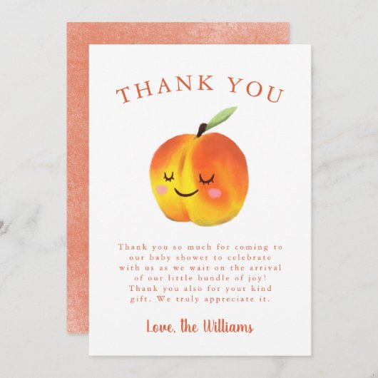甘い小さな桃の果実女の子ベビーシャワー サンキューカード (正面/裏面)