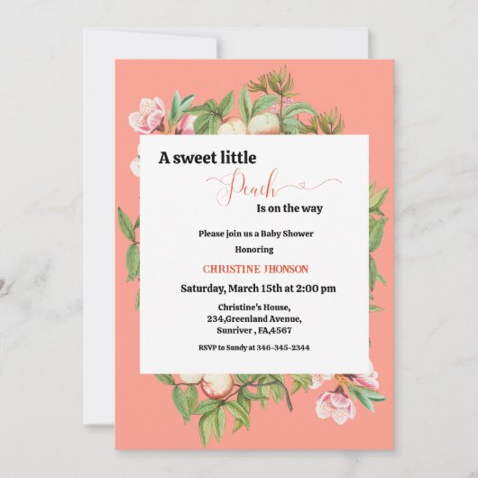 甘い小さな桃の赤ちゃんシャワーの招待状 招待状 (正面)