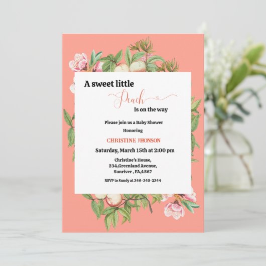 甘い小さな桃の赤ちゃんシャワーの招待状 招待状 (スタンド正面)