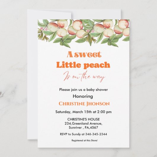 甘い小さな桃の赤ちゃんシャワーの招待 招待状 (正面)