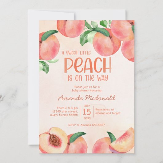 甘い小さな桃の赤ちゃんシャワー招待状 招待状 (正面)
