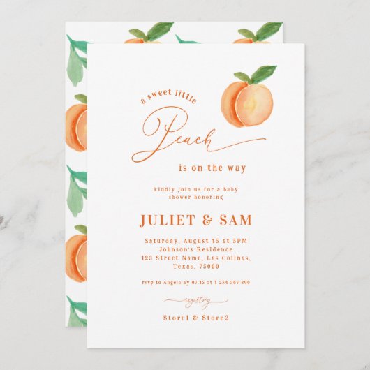 甘い小さな桃の赤男女兼用ちゃんシャワー 招待状 (正面/裏面)