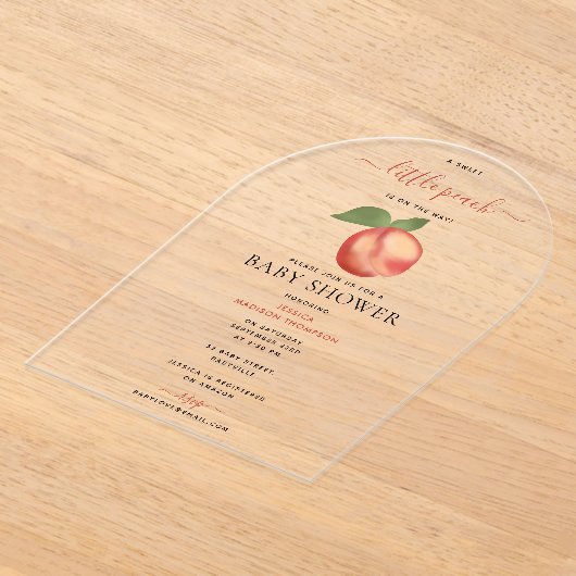 甘い小さな桃の途中の赤ちゃんシャワー アクリル招待状 (レイダウン)
