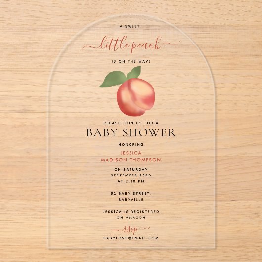 甘い小さな桃の途中の赤ちゃんシャワー アクリル招待状 (正面)
