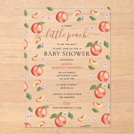 甘い小さな桃の途中の赤ちゃんシャワー アクリル招待状 (正面)