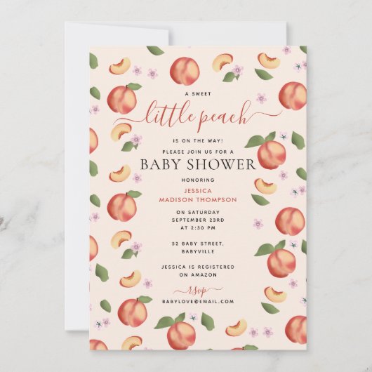 甘い小さな桃の途中の赤ちゃんシャワー 招待状 (正面)
