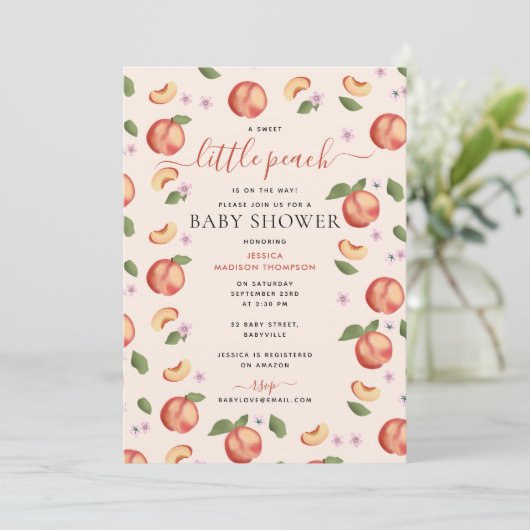 甘い小さな桃の途中の赤ちゃんシャワー 招待状 (スタンド正面)