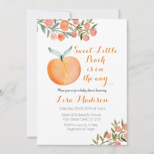 甘い小さな桃の途中の赤ちゃんシャワー 招待状 (正面)