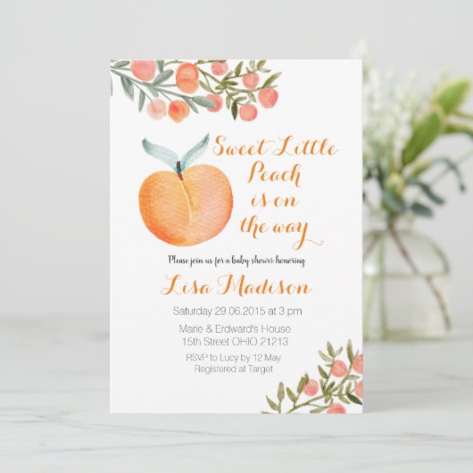 甘い小さな桃の途中の赤ちゃんシャワー 招待状 (スタンド正面)