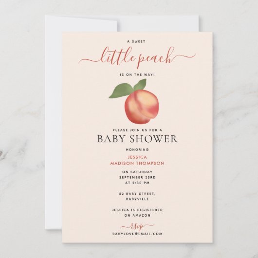 甘い小さな桃の途中の赤ちゃんシャワー 招待状 (正面)