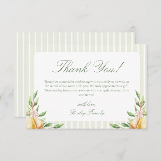 甘い小さな梨の赤ちゃんシャワーパステルグリーン サンキューカード (正面/裏面)