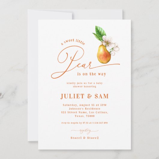 甘い小さな梨の赤男女兼用ちゃんシャワー 招待状 (正面)