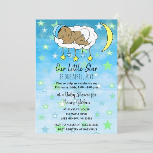 甘い小さな民族ベビーブルーの星と月の男の子 招待状 (スタンド正面)