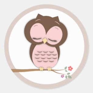 甘い小さな眠い女の子フクロウの枝 ラウンドシール