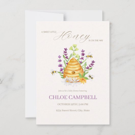 甘い小さな蜂蜜が赤ちゃんのシャワーの途中にある 招待状 (正面)