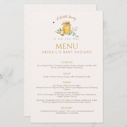 甘い小さな蜂蜜の赤ちゃんシャワーメニュー (正面/裏面)