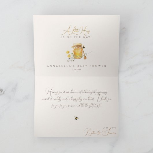 甘い小さな蜂蜜の赤ちゃんシャワー サンキューカード (内部)