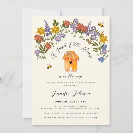 甘い小さな蜂蜜ヴィンテージ花盛りベビーシャワー 招待状 (正面)