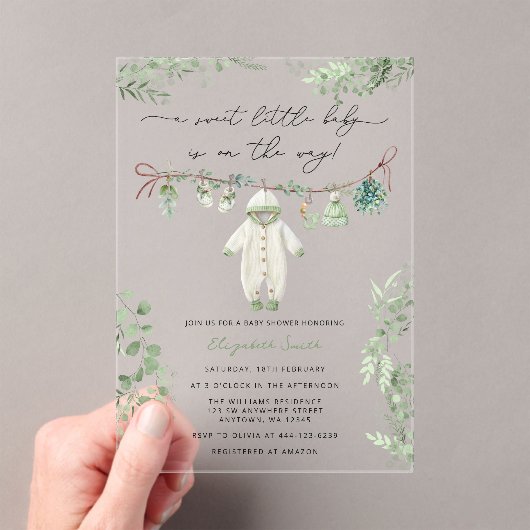 甘い小さな赤ちゃん服の赤ちゃんシャワー アクリル招待状 (インサイチュ (ポータブル))