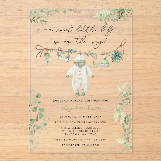 甘い小さな赤ちゃん服の赤ちゃんシャワー アクリル招待状 (正面)