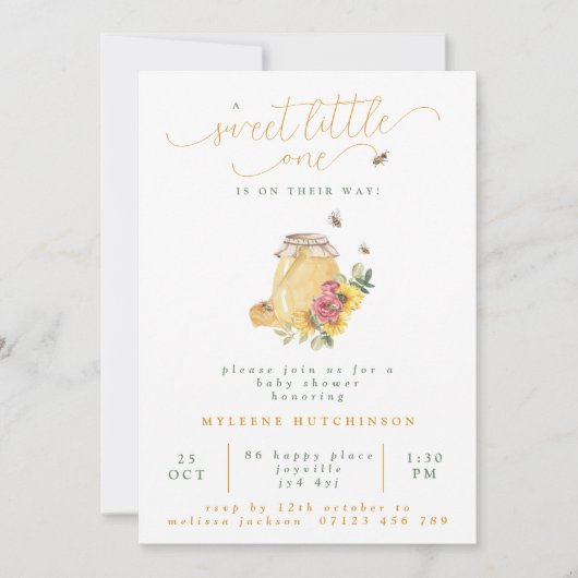 甘い小さな1ひまわり蜂蜜ビー赤ちゃんシャワー 招待状 (正面)