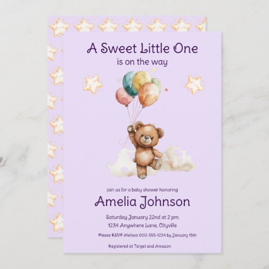 甘い小さな1オンザウェイラベンダーベビーシャワー 招待状 (正面/裏面)