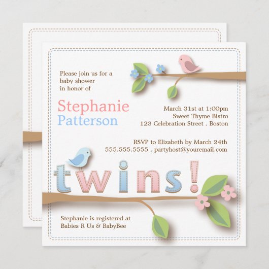 甘い小鳥の双生児の男の子の女の子のベビーシャワーの招待状 招待状 (正面/裏面)