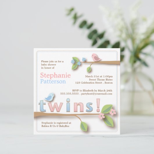 甘い小鳥の双生児の男の子の女の子のベビーシャワーの招待状 招待状 (スタンド正面)
