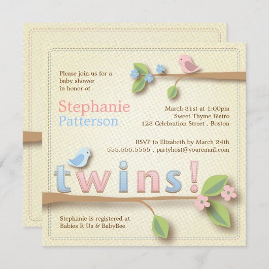 甘い小鳥の双生児の男の子の女の子のベビーシャワーの招待状 招待状 (正面/裏面)
