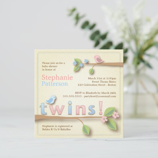 甘い小鳥の双生児の男の子の女の子のベビーシャワーの招待状 招待状 (スタンド正面)