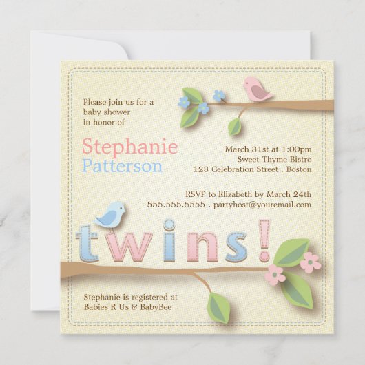 甘い小鳥の双生児の男の子の女の子のベビーシャワーの招待状 招待状 (正面)