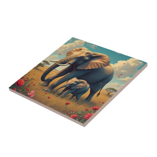 甘い感傷的なママとベビー象 タイル (側面)