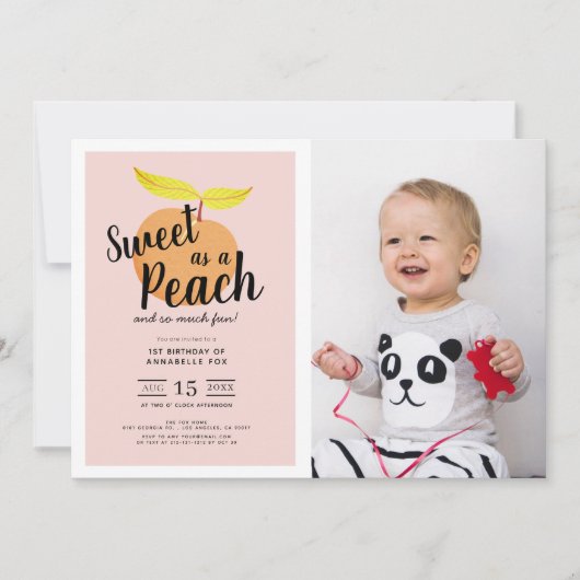 甘い桃のかわいい女の子フォト1st誕生日 招待状 (正面)