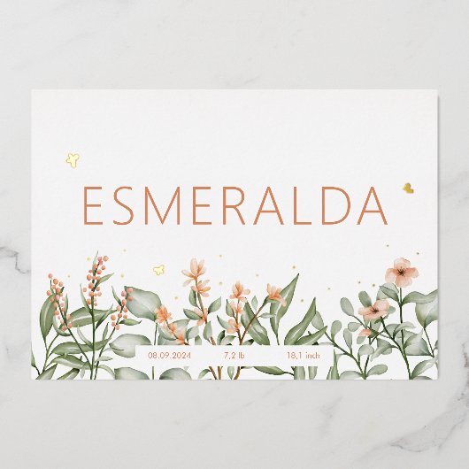 甘い桃のフローラフォイル誕生のお知らせ 箔招待状 (正面)