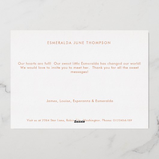 甘い桃のフローラフォイル誕生のお知らせ 箔招待状 (裏面)